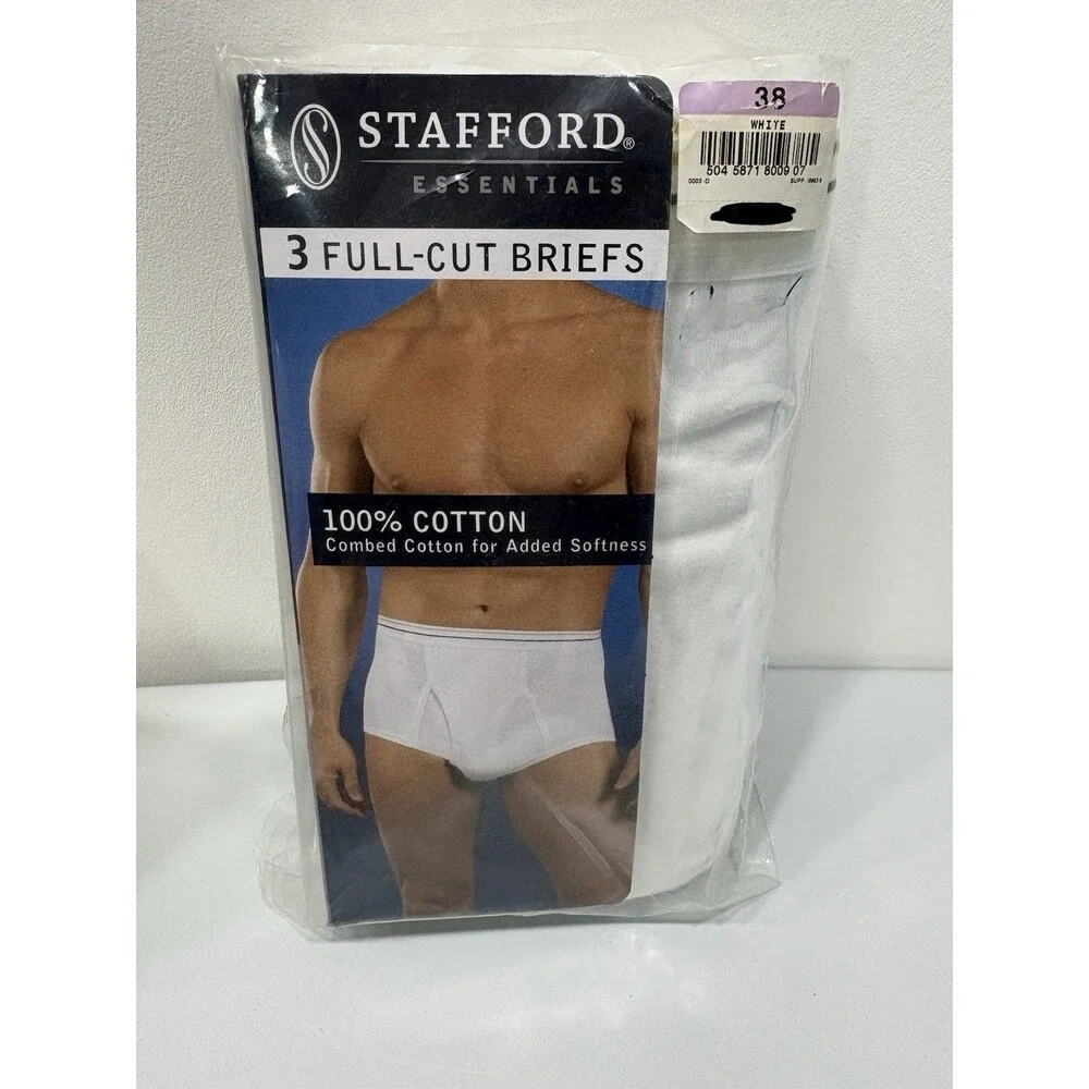 Vtg Stafford Essentials Briefs 38 Full Cut 3-Pack White Cotton Underwear